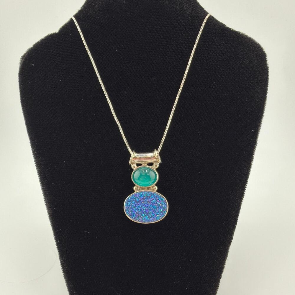 Vintage Sajen Sterling Silver Green Cat's Eye Glass and Druzy Quartz Necklace